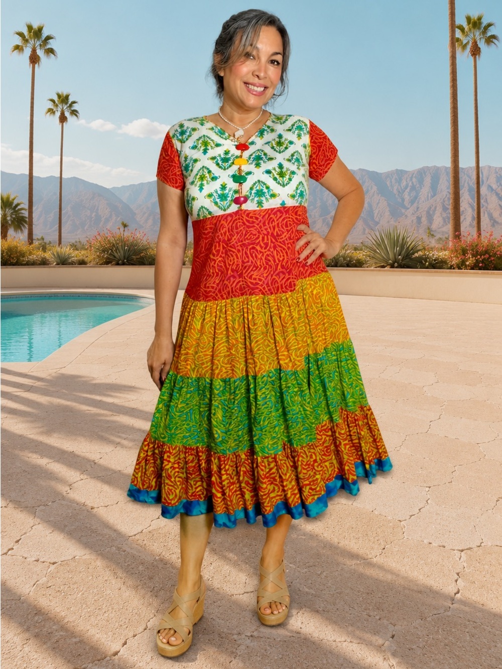 RAV-E Colorful Tiered Midi Dress XL Boho Art to Wear Button Front Resort